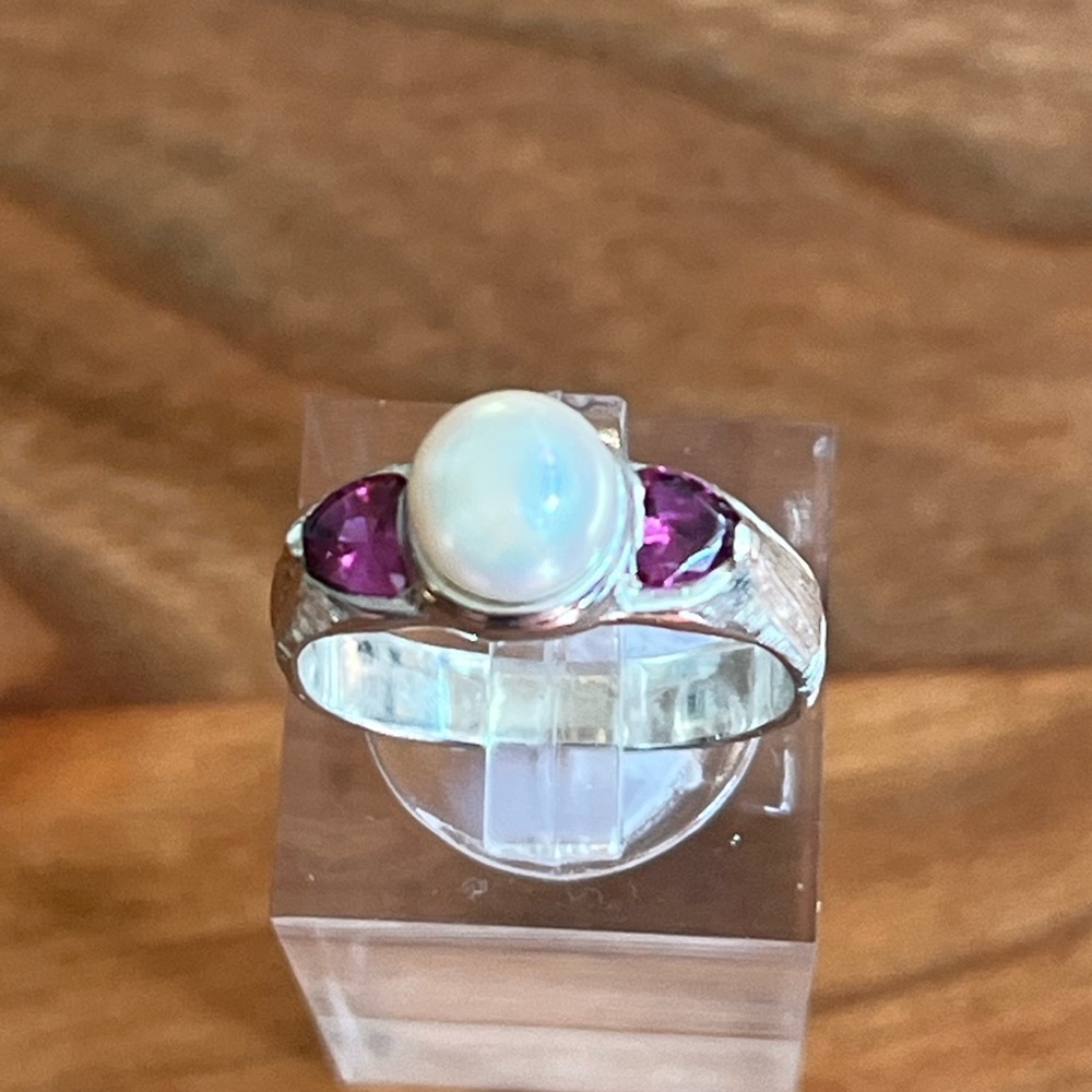 NEW Sterling Pearl & Ruby Ring Size 6-3/4 .925 Designer